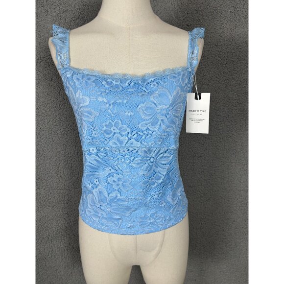 PinkmStyle Tops - PINKMSTYLE Sexy Square Neck Blue Lace Cami Tank Fitted Double Lined Large NWT's
